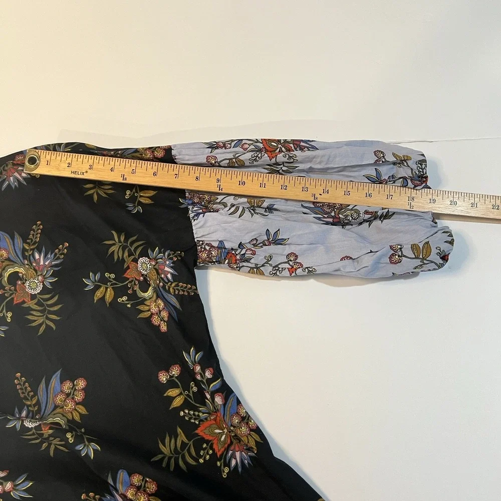 LOFT Womens Black Floral Cotton Puff‎ Sleeve Button Back Blouse Top Small